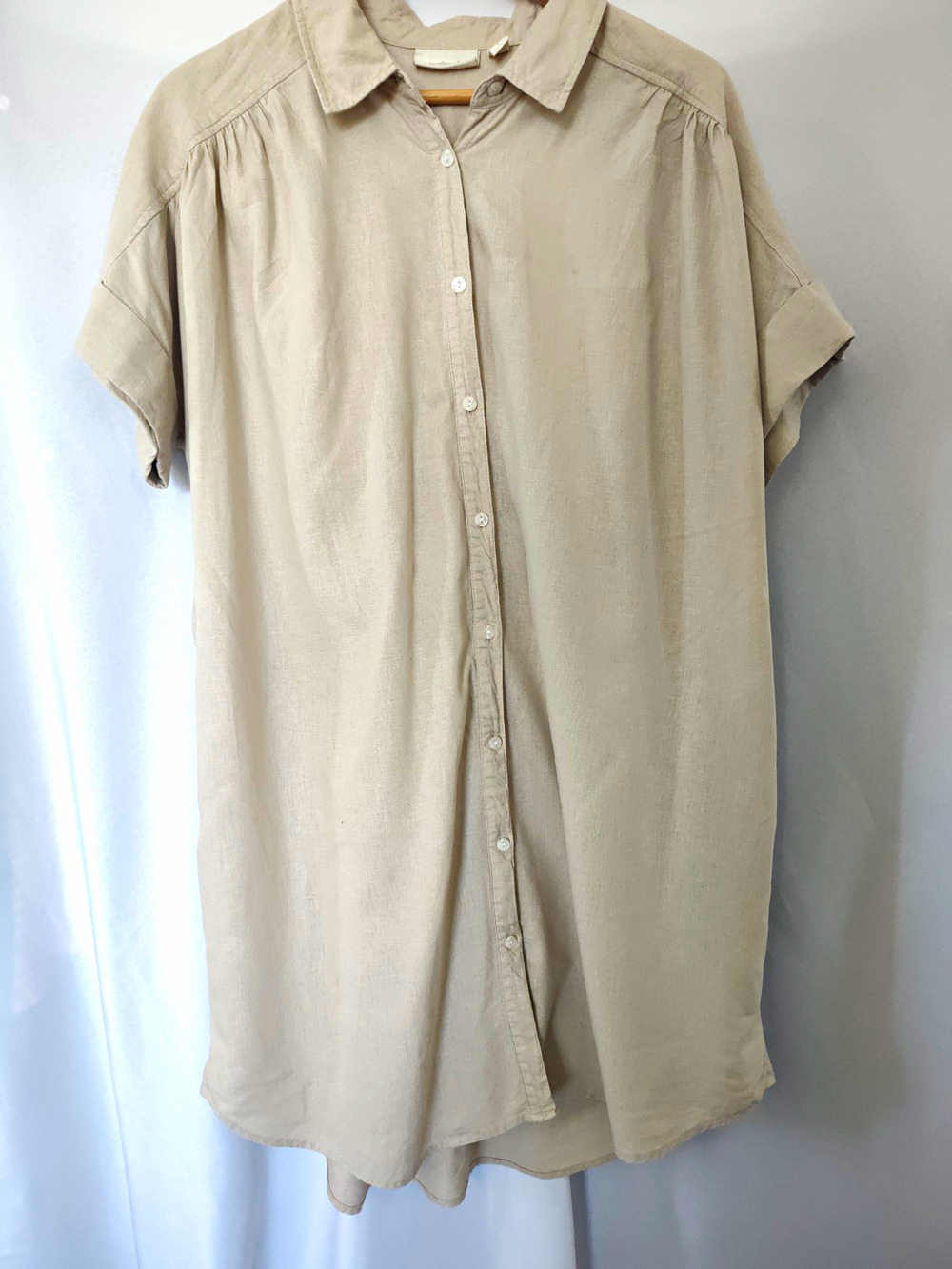 Ecothreads Womens L Beige Linen Rayon Solid Woven Collared Short Sleeve Button